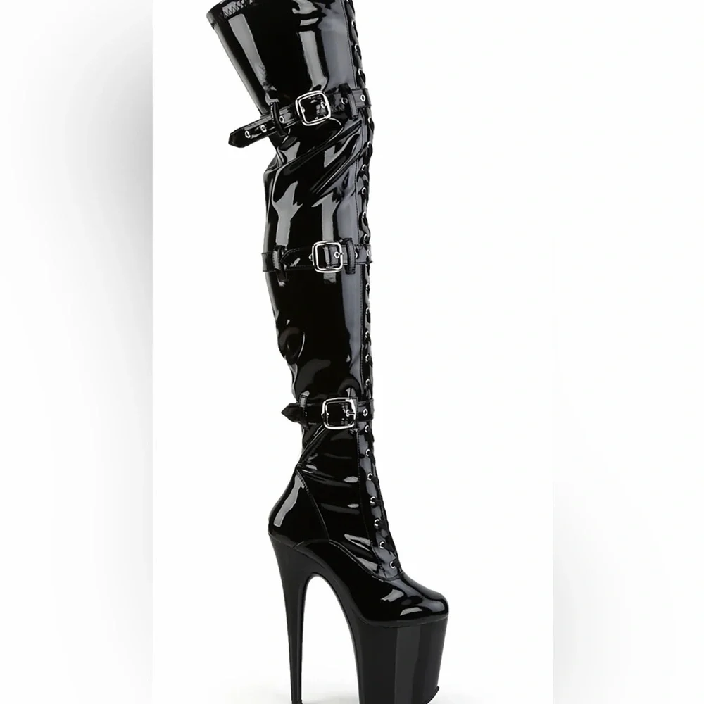 Black Pleaser Knee-High Buckle Boots - Women